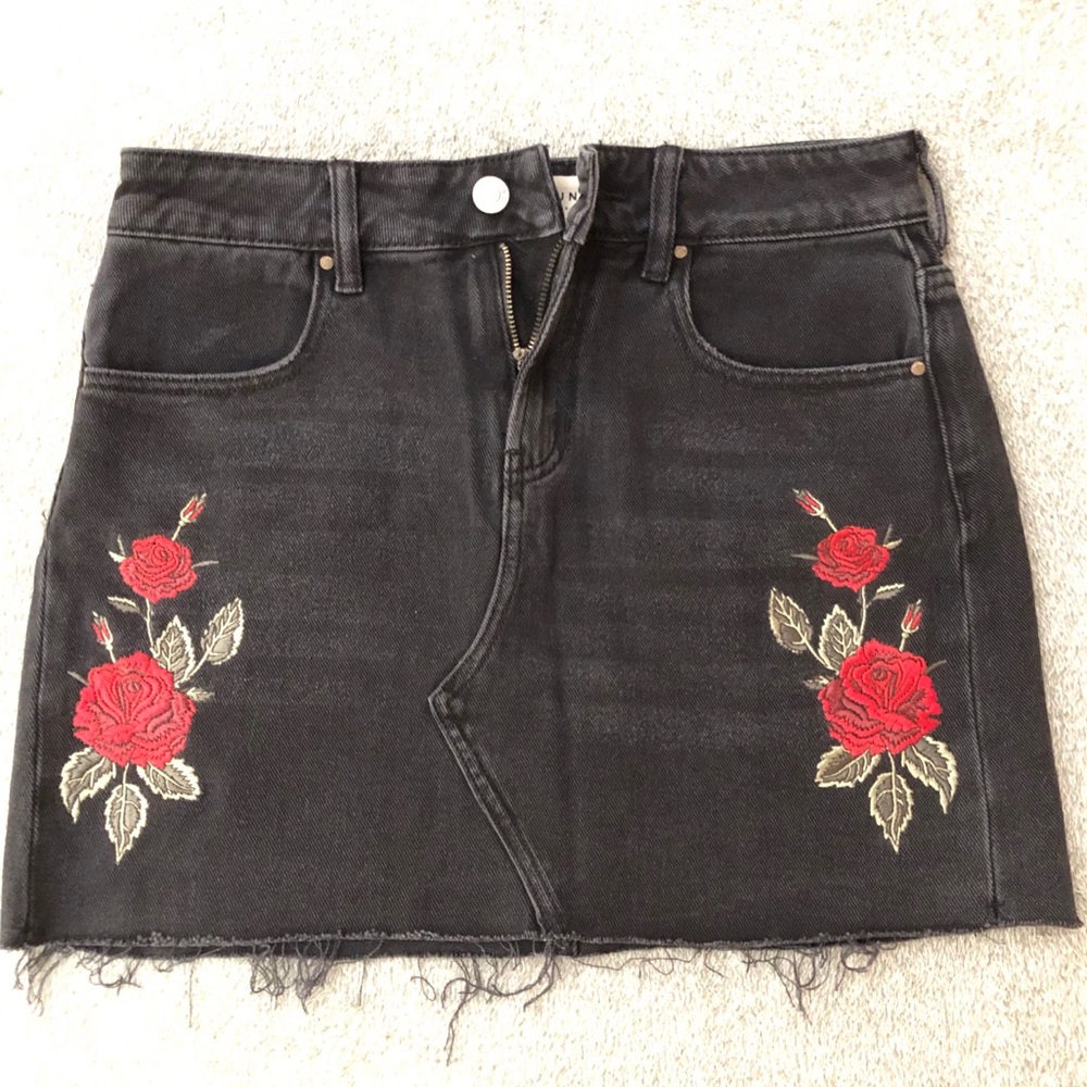 Embroidered Black Denim Mini Skirt
